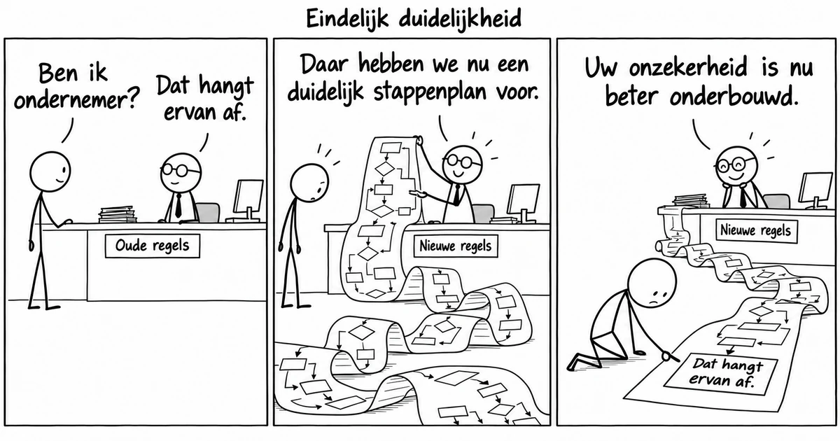 Strip 'Eindelijk duidelijkheid': een zzp'er vraagt of hij ondernemer is. Onder de nieuwe regels eindigt een lang stroomschema bij hetzelfde antwoord: 'Dat hangt ervan af.' De ambtenaar: 'Uw onzekerheid is nu beter onderbouwd.'